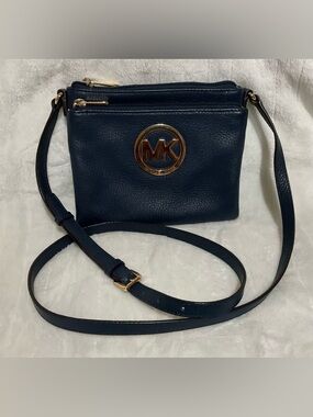 Michael Kors Navy Leather Crossbody with Gold MK Logo